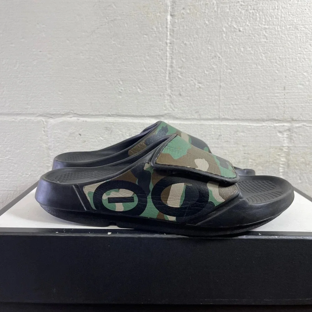 Oofos OOahh Sport Flex Black Green Camo Recovery Slide Sandals Mens 6 Womens 8